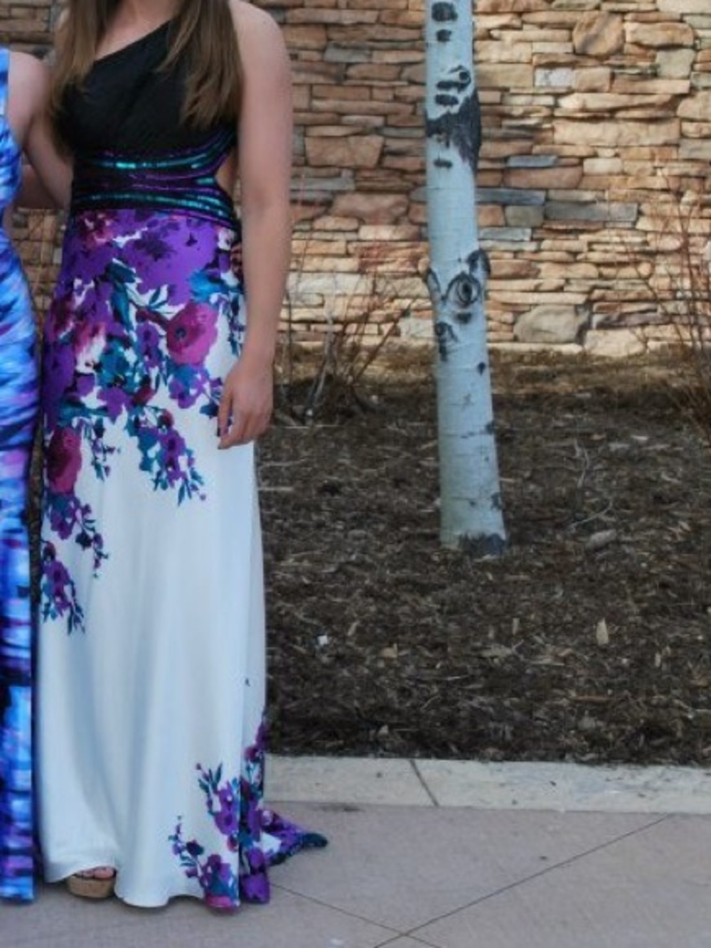 Cache One-Shoulder Black and Purple Floral Evening Gown